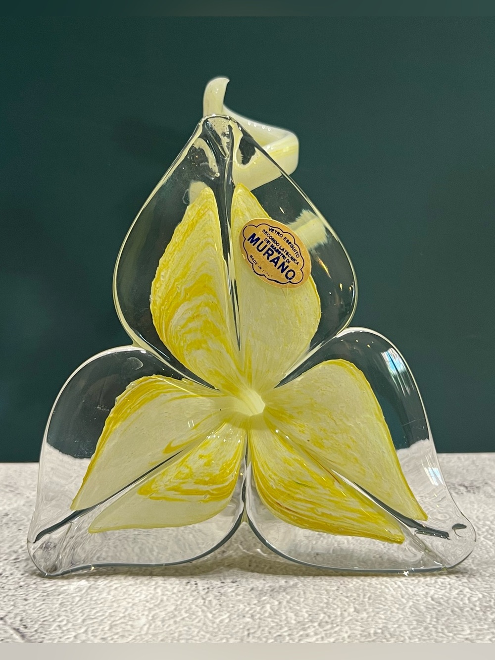 Murano Art Glass Hand Blown Lily Flower Swirled Stem Made in Italy Yellow/Clear